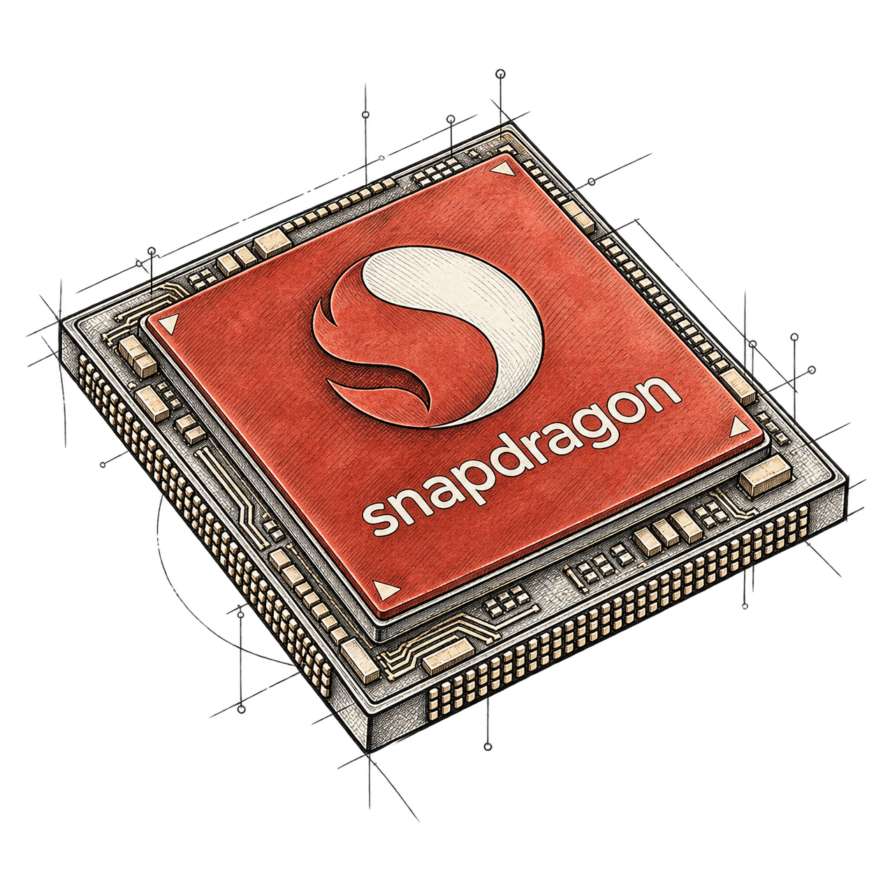 Illustrated Snapdragon processor in graphite, copper and red